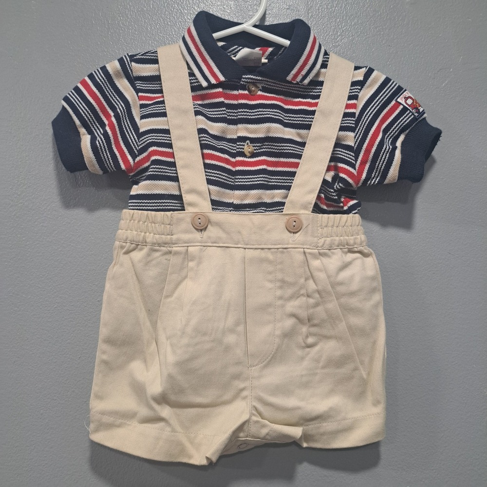 b.t. kids Baby Boy Striped Polo and Suspender Shorts Set 6-9 Months Preppy Retro